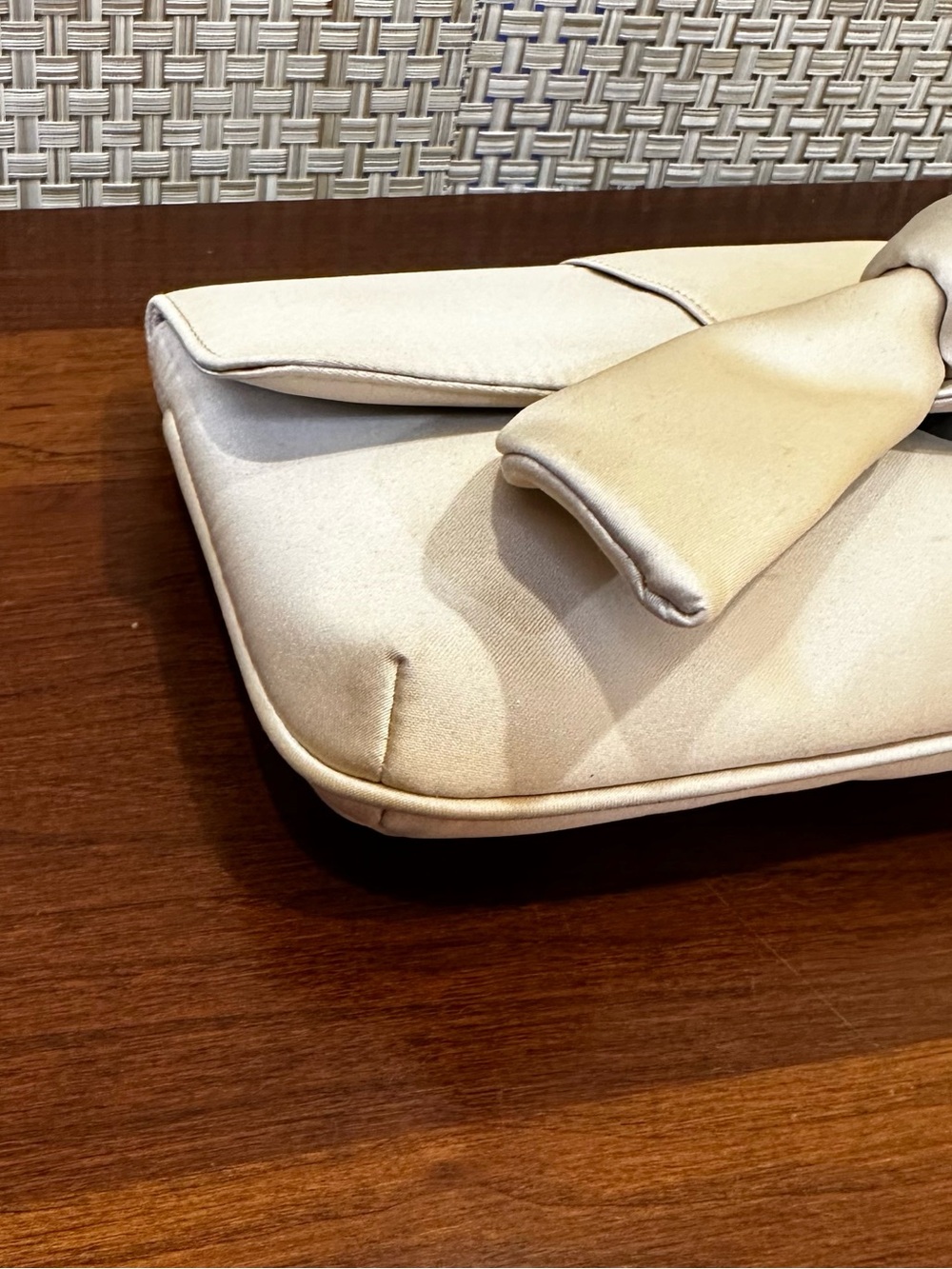 🌟HP🌟1990s Kate Landry Cream Satin Evening Clutch Statement Bow & Braided Strap - Picture 12 of 14